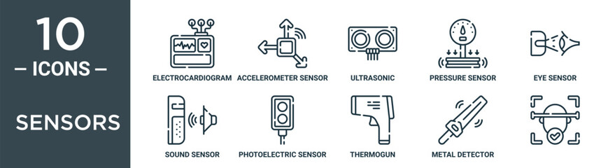 sensors outline icon set includes thin line electrocardiogram, accelerometer sensor, ultrasonic, pressure sensor, eye sensor, sound photoelectric icons for report, presentation, diagram, web design