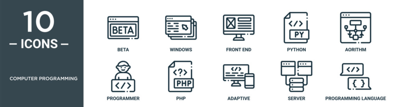 computer programming outline icon set includes thin line beta, windows, front end, python, aorithm, programmer, php icons for report, presentation, diagram, web design