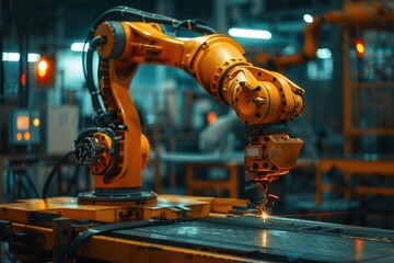 Engineer check and control welding robotics automatic arms machine in factory automotive industrial. blurred digital manufacturing operation. Industry 4.0