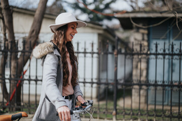 Elegant young woman with a hat enjoys a leisurely bike ride along a charming street, embodying...