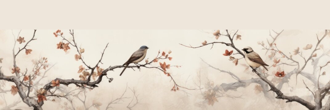 Vintage photo wallpaper with branches and birds on Beige background