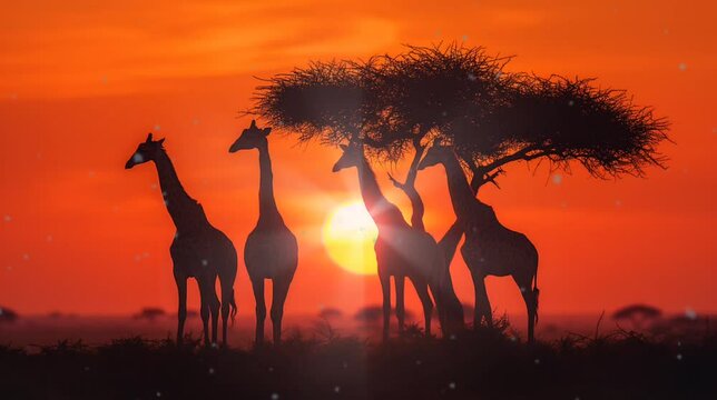 Giraffes with flying eagle at sunset in safari. Seamless looping time-lapse video animation background