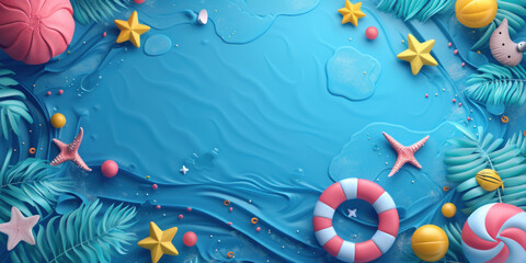 Top view 3D cartoon beach background, Summer holiday vacation concept	