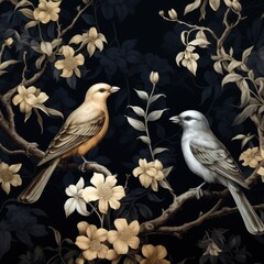 Vintage photo wallpaper with branches and birds on Black background