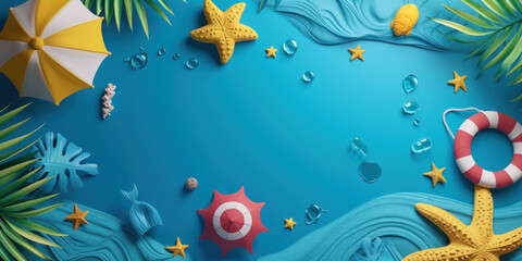 Fototapeta na wymiar Top view 3D cartoon beach background, umbrellas, starfish, tropical palm trees, Summer holiday vacation concept 