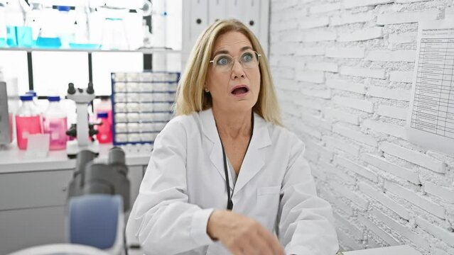 Oops! middle age blonde woman scientist slaps hand to head in despair, realizing a foolish mistake at lab. memory error regret surfaces in a 'duh' crisis moment indoors!