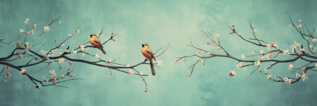 Vintage photo wallpaper with branches and birds on Cyan background