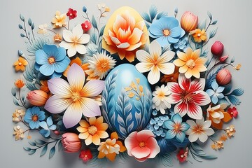 Blue porcelain Easter egg surrounded by colorful flowers in a flowerpot - obrazy, fototapety, plakaty