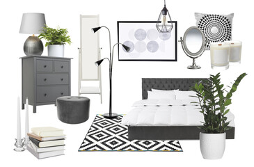 Stylish bedroom interior with different decorative elements and furniture on white background. Mood board collage