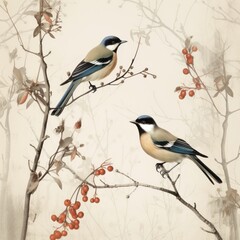 Vintage photo wallpaper with branches and birds on Ivory background