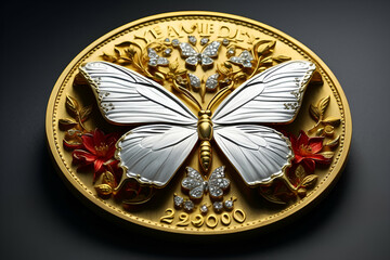 Future coin made of gold mixed with diamonds with a butterfly relic as the main image.