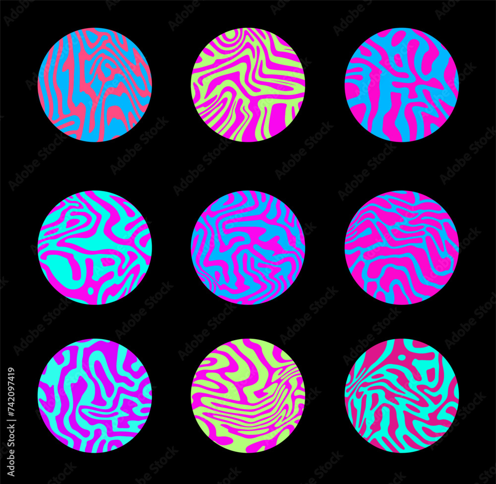 Aufkleber Set of colorful circles with wavy psychedelic pattern. Collection of abstract modern elements for poster, cover, logotype design.