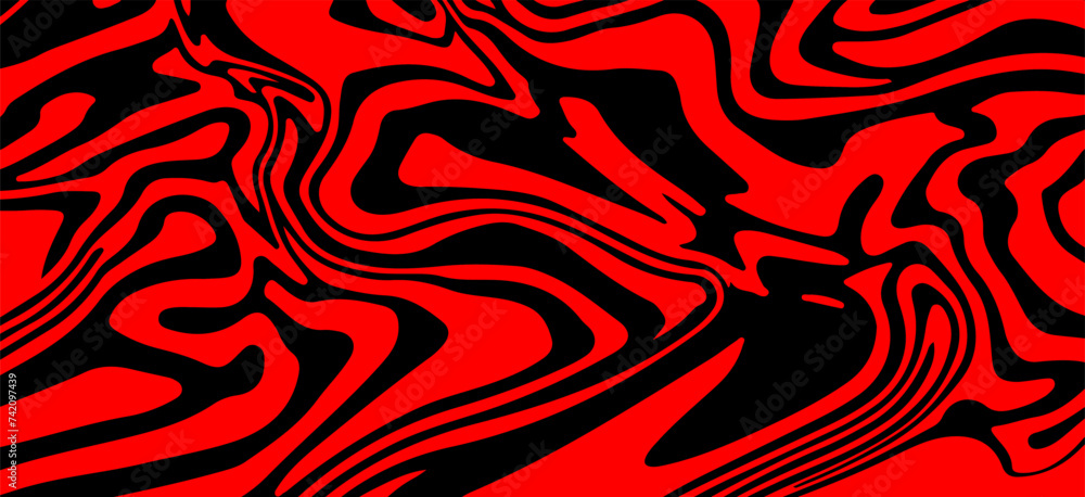 Poster Abstract trippy red and black psychedelic background with melting and distorting lines resembling meat texture.