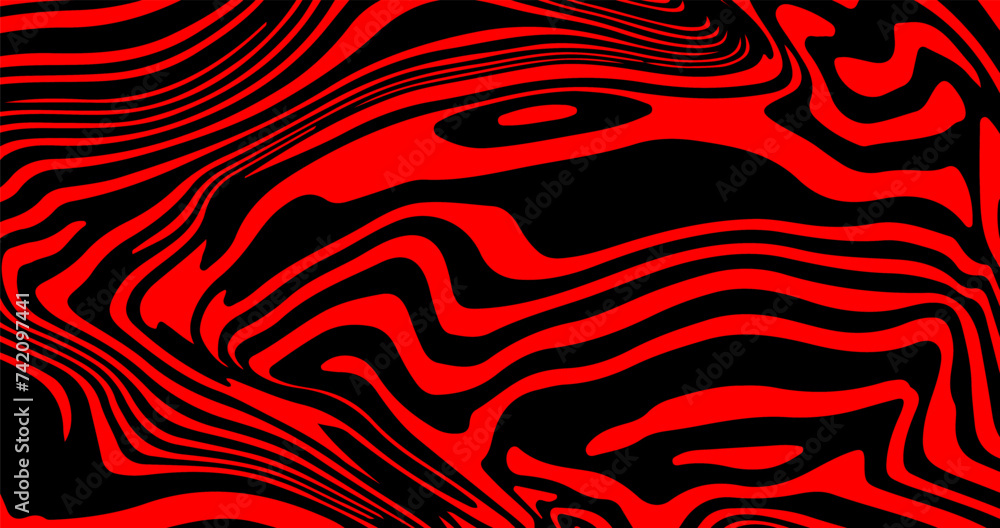 Poster Abstract trippy red and black psychedelic background with melting and distorting lines resembling meat texture.
