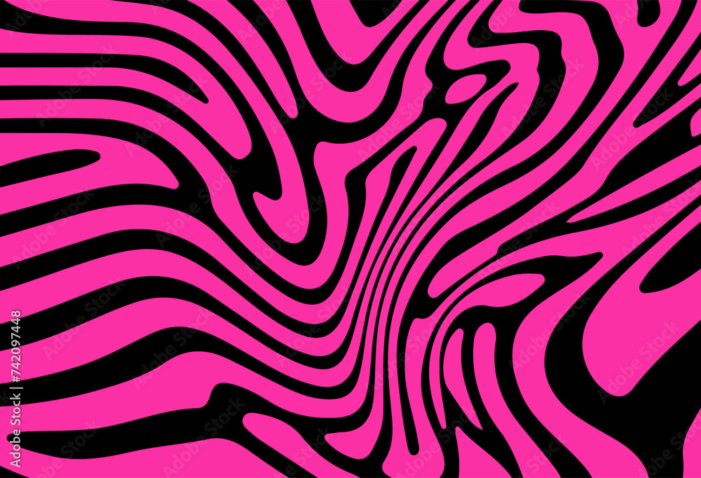 Poster Psychedelic background with abstract, trippy patterns in pink color with melting and distorting lines.