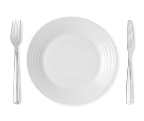 Clean plate, fork and knife on white background, top view
