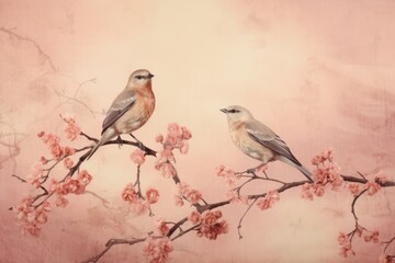 Vintage photo wallpaper with branches and birds on Pink background
