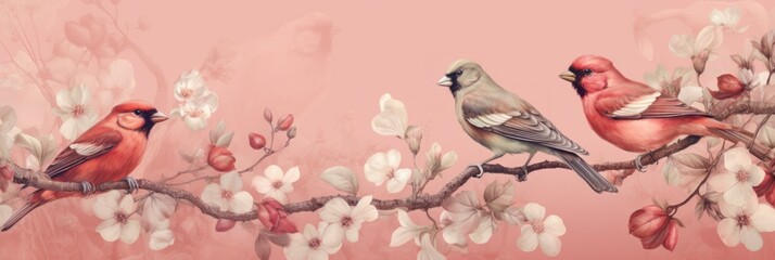 Vintage photo wallpaper with branches and birds on Rose background - obrazy, fototapety, plakaty
