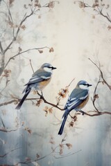 Vintage photo wallpaper with branches and birds on Silver background