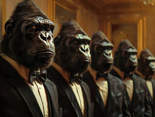 Cybernetic gorilla bodyguards in suits showcasing strength and wealth at a private gala