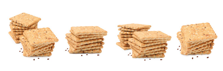 Stacks of delicious crackers with flax and sesame seeds isolated on white, set