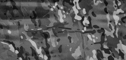 Texture of camouflage fabric as background, black and white effect. Banner design