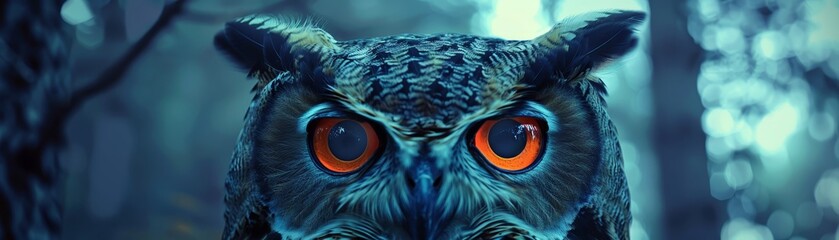 High tech robotic owls with night vision overseeing security at a lavish secluded mansion - obrazy, fototapety, plakaty