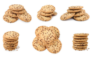 Delicious crackers with flax, sunflower and sesame seeds isolated on white, set