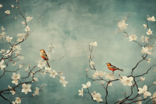 Vintage photo wallpaper with branches and birds on Turquoise background
