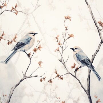 Vintage photo wallpaper with branches and birds on White background