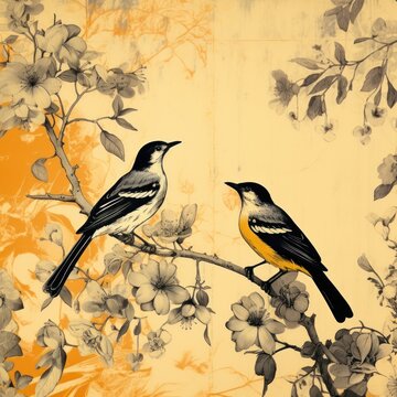 Vintage photo wallpaper with branches and birds on Yellow background