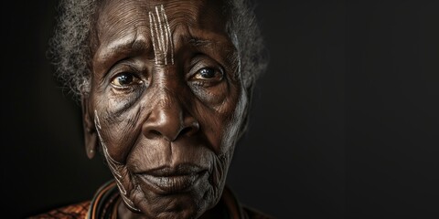 Portrait of a senior African woman with graceful features, her face adorned with symbols of resilience and strength, reflecting a lifetime of wisdom and experience