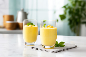 Mango smoothie in glasses in white modern kitchen on the table - 742103069