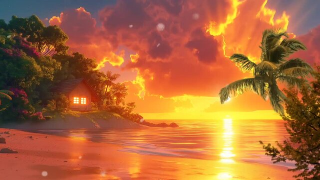Sunset over the sea with an eagle. Seamless looping time-lapse video animation background