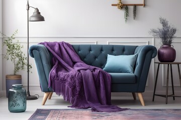 living room interior with a blue sofa and a purple throw blanket against a blank white wall