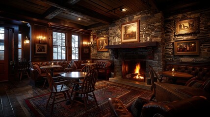 Cozy Fireplace Room with Rustic Stone Walls