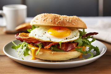 Bacon and egg breakfast sandwich in a white kitchen on the table with a runny yolk - 742103830