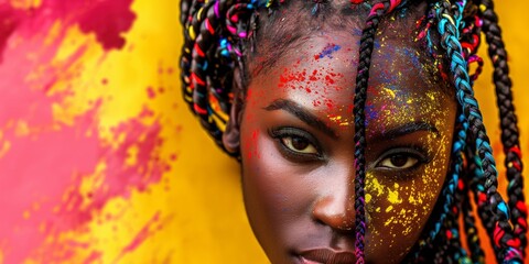 Portrait of a Black young woman with intricate braids framing her face, adorned with vibrant colors inspired by African art and culture