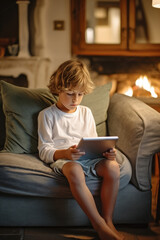 Young bored child sits on a couch with a digital tablet, kids and screens concept, information and media consumption problem - 742104617