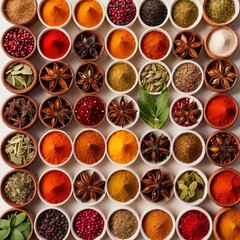 Obraz na płótnie Canvas Assorted colorful spices and herbs, cookin ingredients in organized grid row, white background