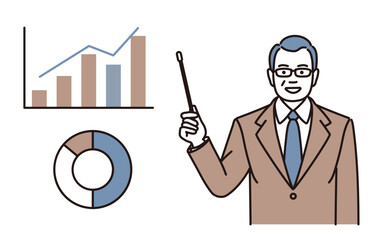 グラフを示して指し棒で説明をする中年ビジネスマンのシンプルイラスト