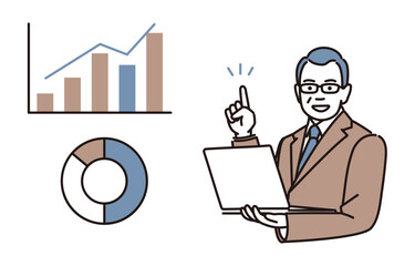 ノートパソコンを見ながらグラフを示して説明をする中年ビジネスマンのシンプルイラスト