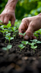 Hands nurturing young plants in fertile soil