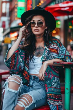 Stylish woman with tattoos wearing a hat and sunglasses
