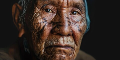 Portrait of a senior Native American man with weathered features, his face adorned with symbols of tribal wisdom and resilience, reflecting a lifetime of heritage and tradition