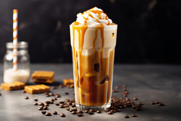 Iced caramel latte coffee in a tall glass with caramel syrup - obrazy, fototapety, plakaty