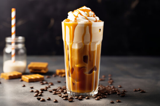 Iced caramel latte coffee in a tall glass with caramel syrup