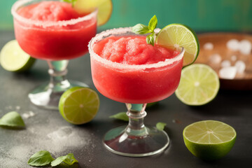 Frozen strawberry lime margarita in traditional margarita glasses garnished with lime slices