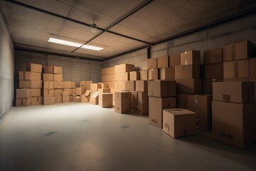 self storage example, empty cardboard boxes in a garage or warehouse