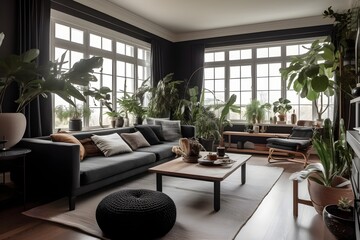 Contemporary room with black frames, draperies, and potted plants